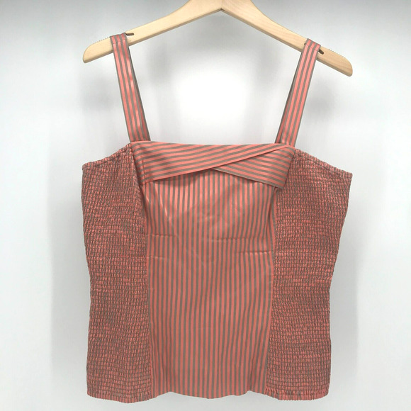 Doncaster Top Womens 10 Peach Tan Stripe Silk Blend Smocked Square Neck Tank - Picture 1 of 10